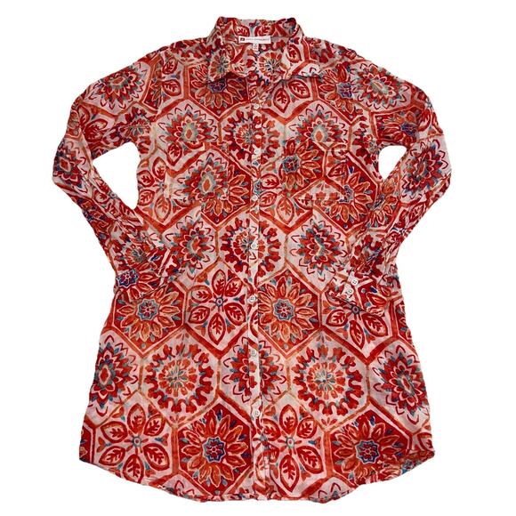 Jude Connally Callie Tunic Top Size S Orange Floral Long Sleeve Button Up Artsy - Picture 2 of 13